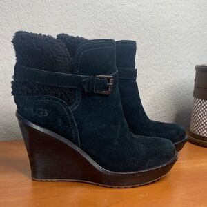 UGG Black Suede Wedge Ankle Boots with Shearling Trim